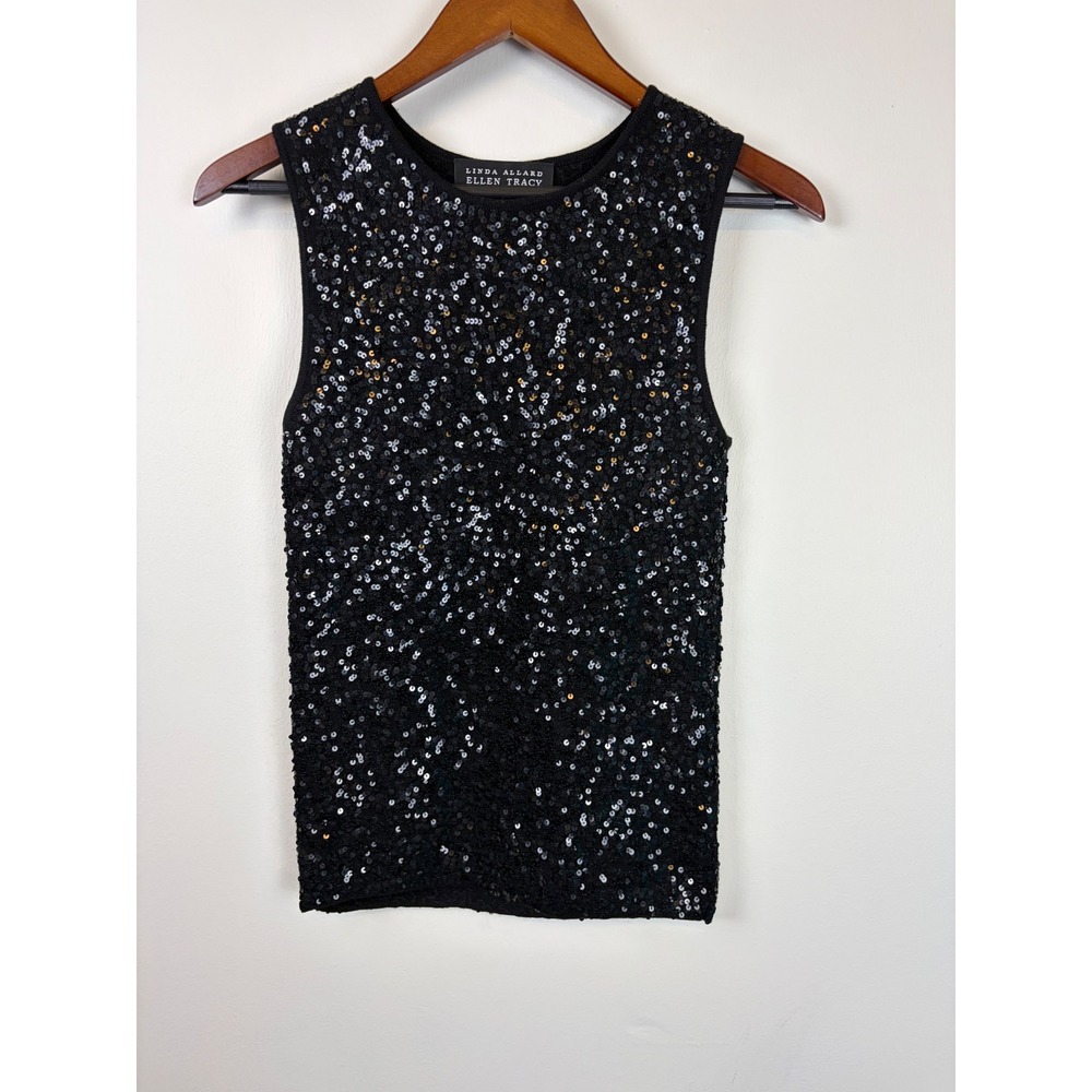 Linda Allard Ellen Tracy Sequin Tank Small Black Merino Wool Shell Glam Evening